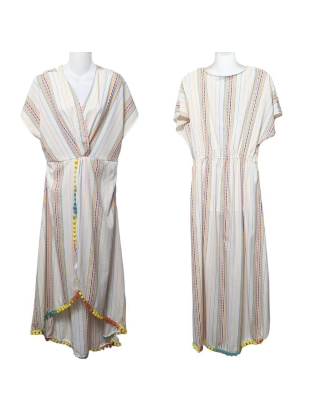 AMERICA & BEYOND Rainbow Stripe Wrap Pom Pom Maxi Dress XL